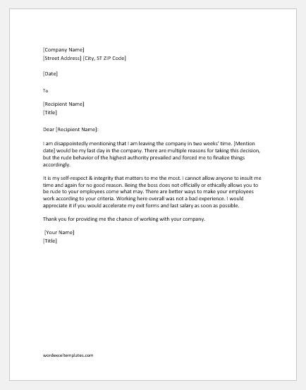 Resignation Letter Due To Rude Boss Word And Excel Templates