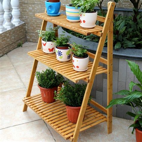 Folding Plant Stand Bamboo Shelf Natural 3-Layer Flower Rack Shoes