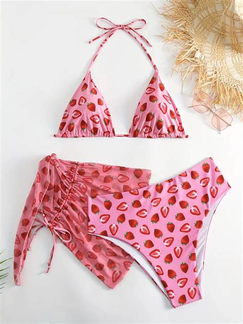 Plus Size Cute Bikini Set Womens Plus Strawberry Print Bra And Panty And Skirt Bikini Set Temu