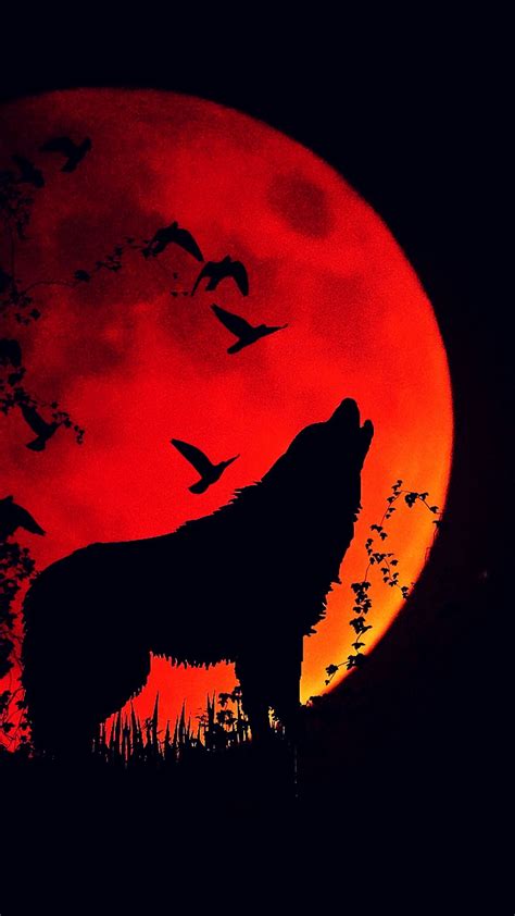 Download Wallpaper 1080x1920 Wolf Howl Silhouette Full Moon Fire