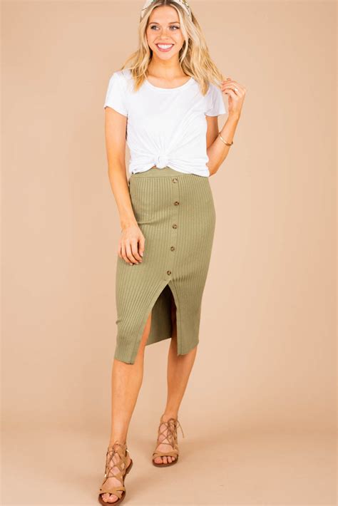 Chic Sleek Olive Green Ribbed Midi Skirt Ribbed Midi Skirt Shop The