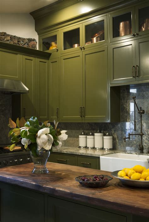 Windowless Kitchen With Olive Green Cabinetry Beautiful Color Green