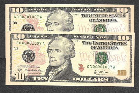 2 Us Ten Dollar Bills With Identical Matching Low James Bond Etsy