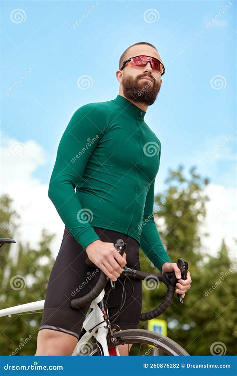 Handsome Muscular Cyclist Standing With Bike Stock Photo Image Of