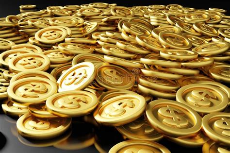 Gold Coins On Black Table Treasure Concept 3d Render Stock