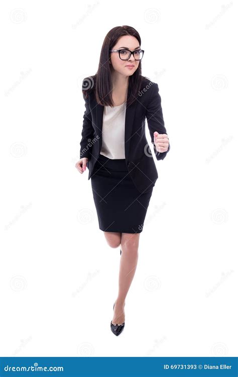 Running Young Woman In Business Suit Isolated On White Stock Image