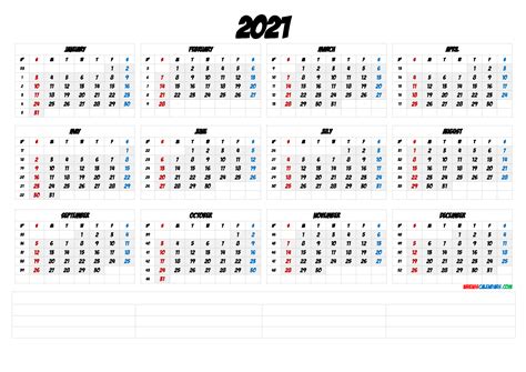 Free Printable 2021 Yearly Calendar 6 Templates