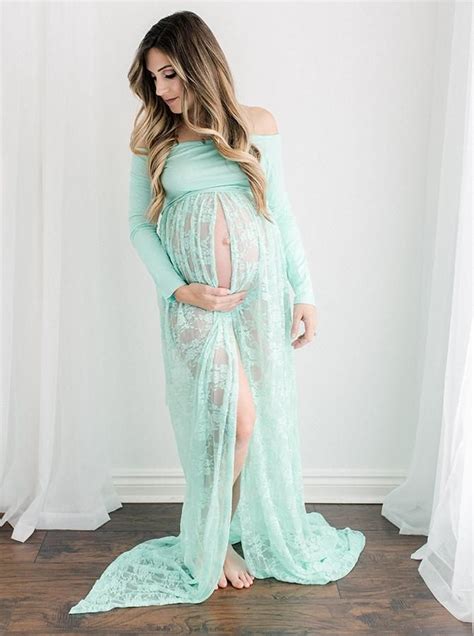 Long Sleeve Jersey And Lace Split Front Maternity Gown Dress Photo Prop