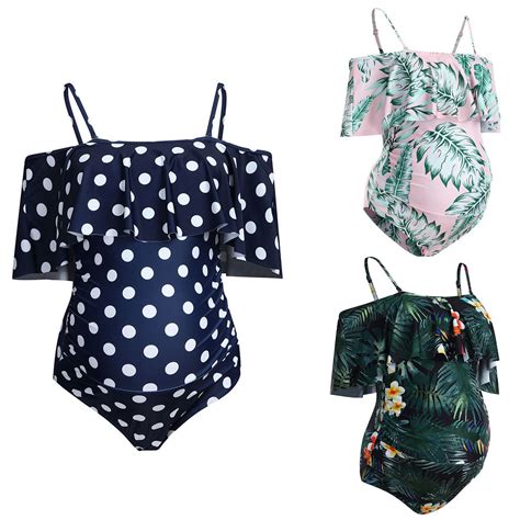 Maternity Swimsuit Pregnancy Women One Piece Swimwear Print Ruffles