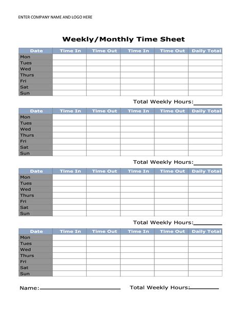 Free Printable Monthly Time Sheets Timesheet Template