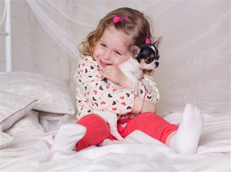 Baby Girl Is Sitting On Bed And Hugging Dog Stock Image Image Of