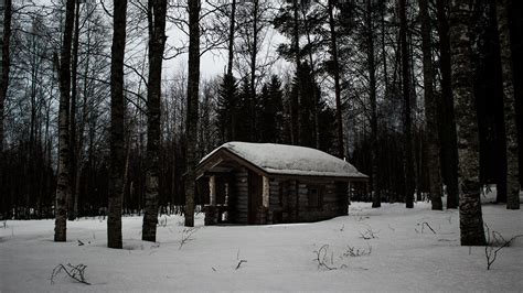 Small Cottage In Dark Snowy Forest 4k Wallpaper By