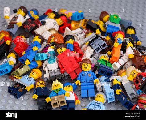 Tambov Russian Federation July 16 2021 Many Lego Minifigures Lying