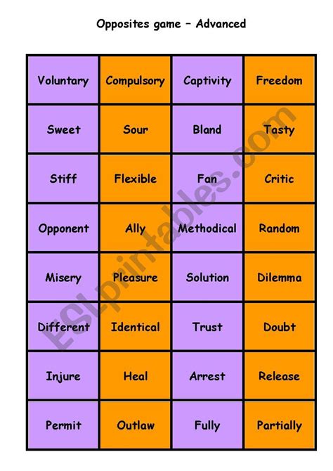 Antonyms Matching Cards Esl Worksheet By Nicola5052