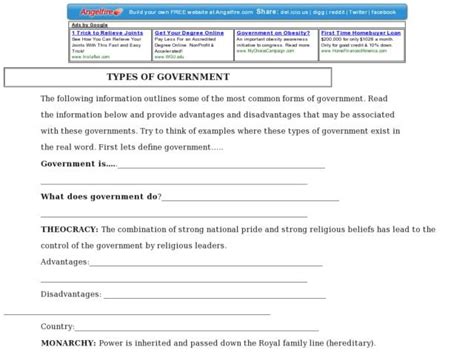 Types Of Government Worksheet Worksheets For All Free Worksheets Samples