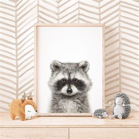 Baby Raccoon Print For Woodland Nursery Decor Neutral Nursery Etsy