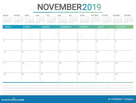 En Noviembre De 2019 Ejemplo Del Vector Del Calendario De Escritorio