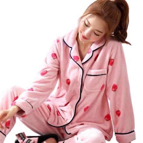 New Winter Pajamas Thick Warm Flannel Women Pajamas Set Long Sleeve Turn Down Collar Soft Plus