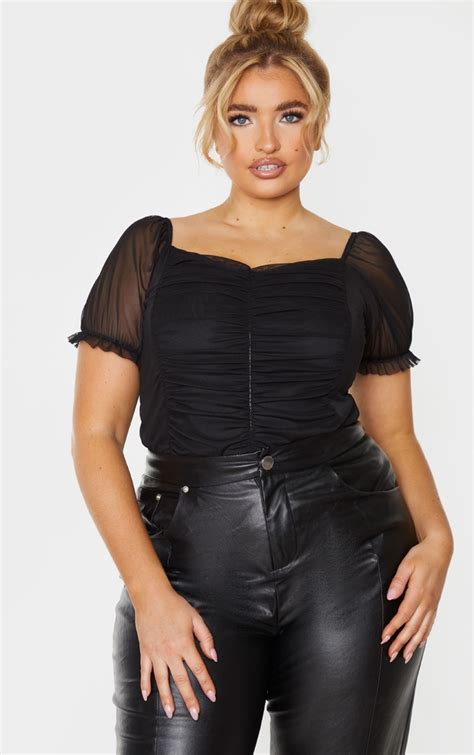 Plus Black Mesh Ruched Detailed Top Prettylittlething