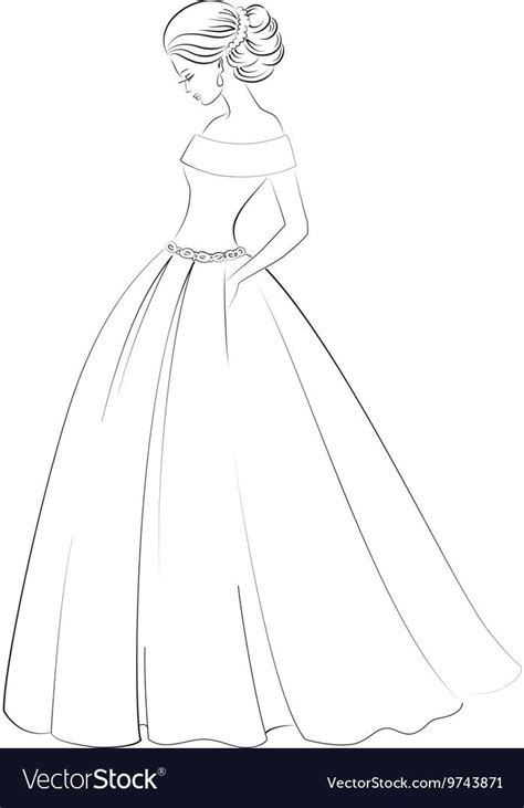 Sketch Of An Elegant Bride In White Wedding Dress Vector Image On