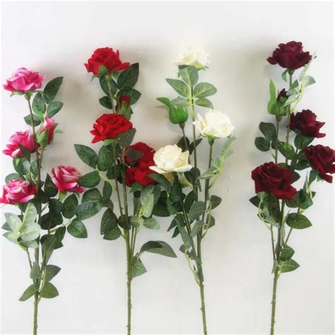 5pcs Artificial Long Stem Rose 5 Heads Velvet Roses Simulated Flowers