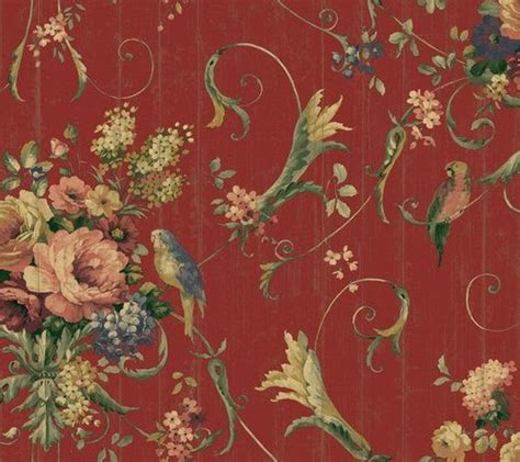 French Cottage Bird Rose Floral Wallpaper Ebay Red French