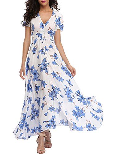 VOGMATE Femme Robe Chic Longue Col V à Fleur Manches ...