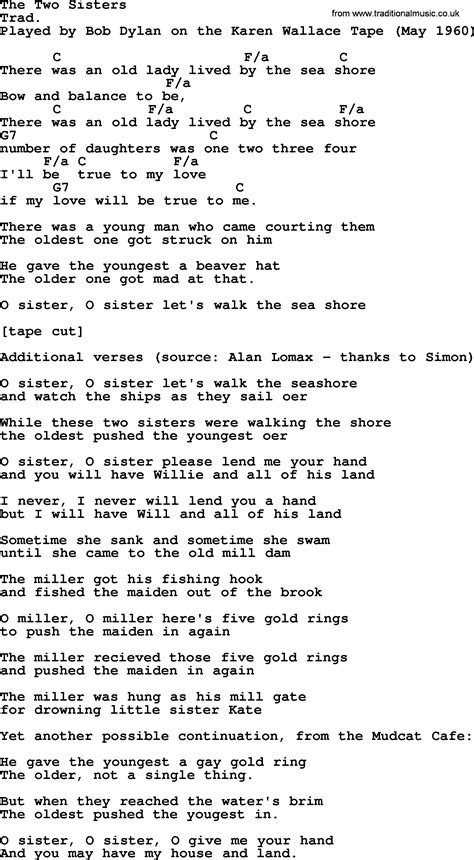 Bob Dylan Song The Two Sisters Lyrics And Chords