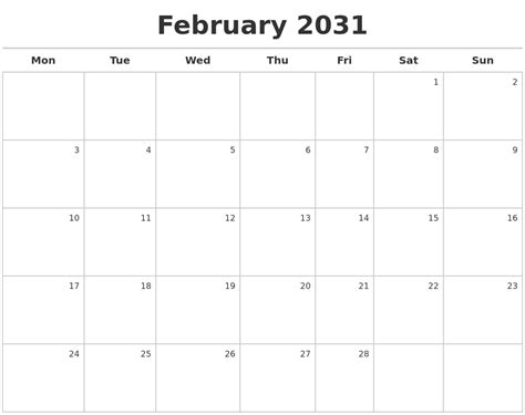 February 2031 Calendar Maker