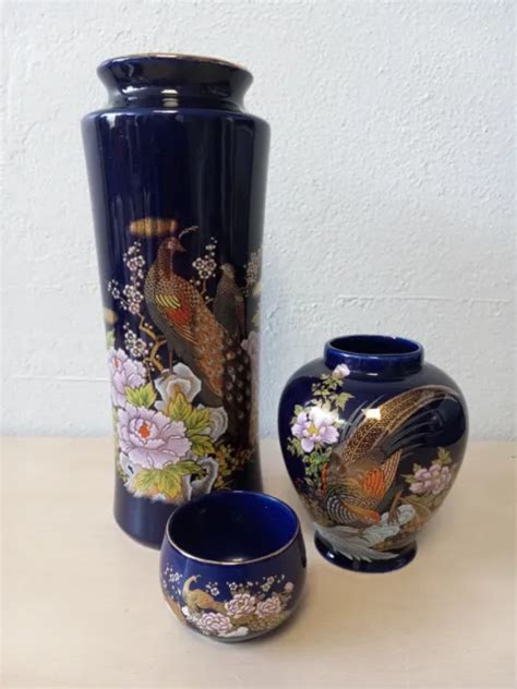 LOT OF 3 Vintage Cobalt Blue Japanese Porcelain Pottery Vase Pheasant