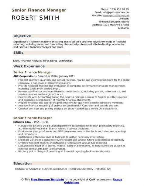 Senior finance managers are experienced professionals enabling companies to make informed business decisions. Resume Examples Finance Manager - Best Resume Examples