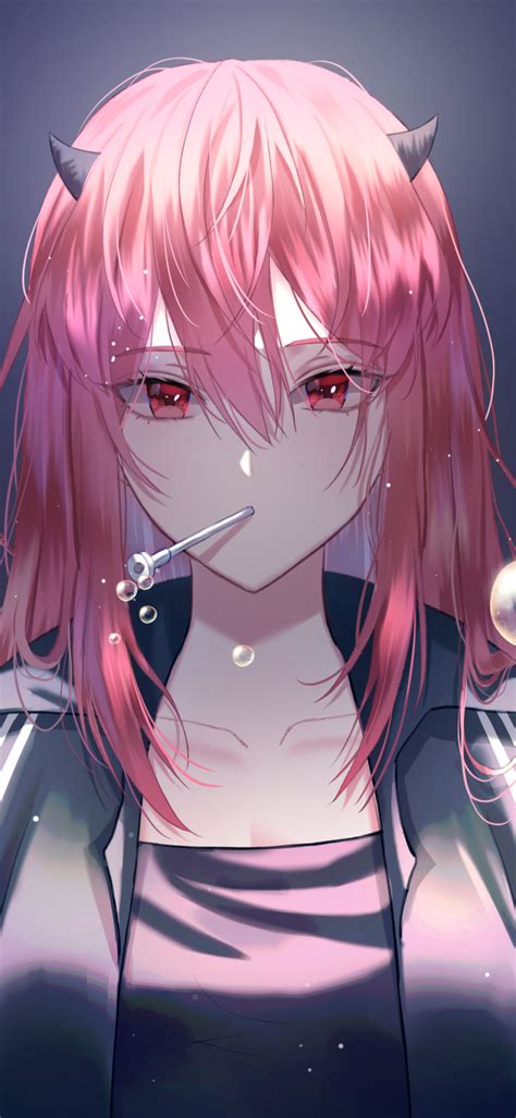 Download 1080x2340 Pink Hair Anime Girl Horns Bubbles Jacket