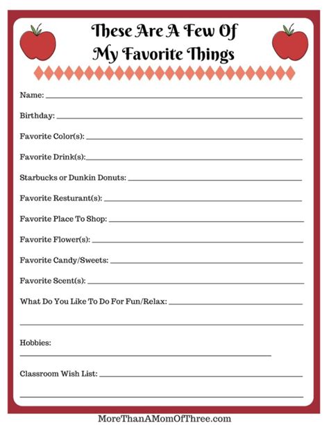 Teacher Favorite Things Form Free Printable