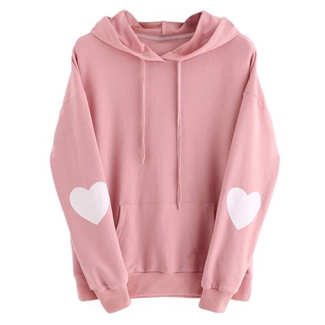 Fashion Heart Print Hooded Sweatshirt Harajuku Kawaii Pink Hoodies Women Top Long Sleeve Loose