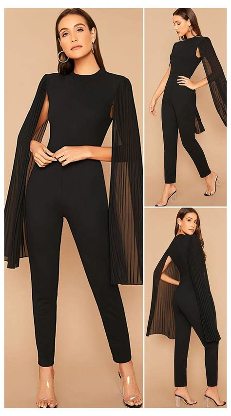 Solid Pleated Cape Jumpsuit Black Elegant Women 2020 Autumn Glamorous