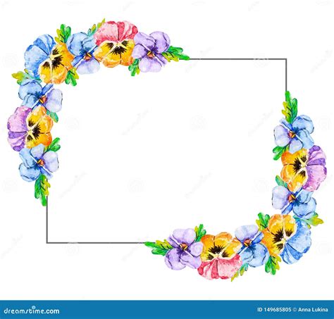 Watercolor Horizontal Floral Frame Border Of Flower Pansy And Viola In