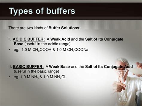 A buffer solution or hydrogen ion buffer is defined as an aqueous solution comprising a mixture of a weak acid and its conjugate base, or vice versa. Buffers in chemical analysis, types of buffers