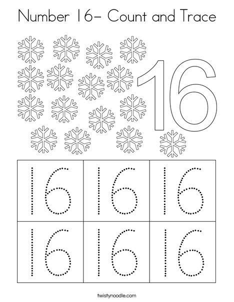 Number 16 Count And Trace Coloring Page Twisty Noodle Numbers