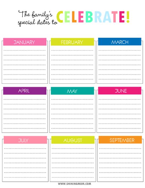 Printable Charts For Special Dates To Celebrate