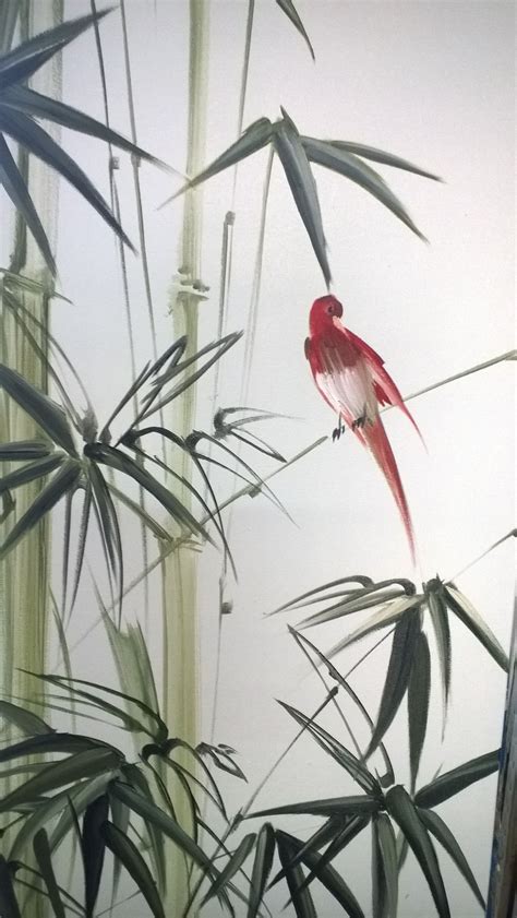 Óleo Sobre Tela Painel ¨bambu¨ Gilda Bamboo Art Painting Bird
