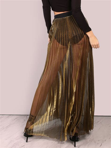 Sheer Metallic Pleated Maxi Skirt Gold Sheinsheinside