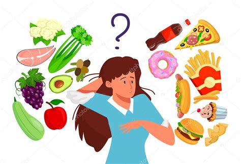 Elegir entre la comida sana y rápida chica lleva un estilo de vida saludable diseño de dibujos