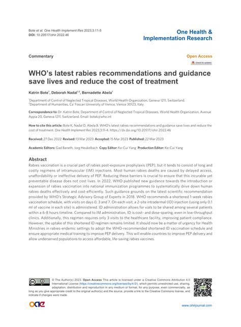 Pdf Whos Latest Rabies Recommendations And Guidance Save Lives And Reduce The Cost Of Treatment