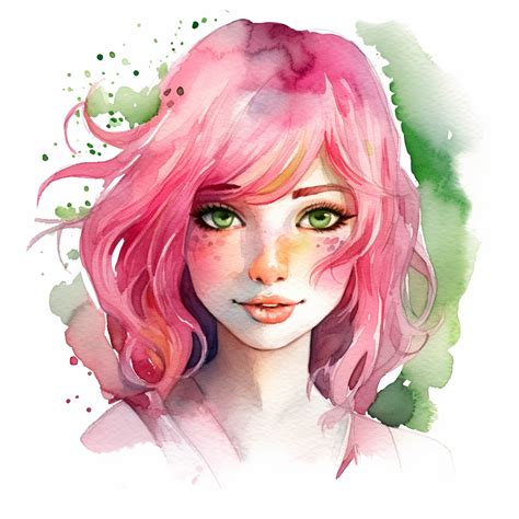 Watercolor Clipart Of A Girl With Pink Hair Green Eyes She Is The