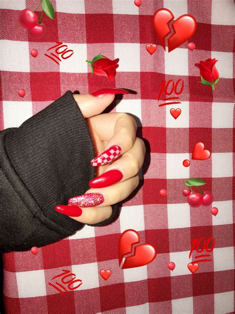 Long red coffin acrylic nails | Checkered nails, Red acrylic nails