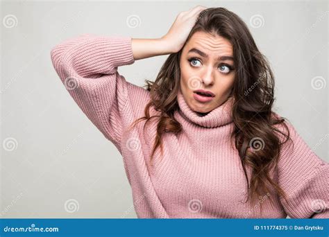 Scowling Young Woman Scratching Her Head Isolated On White Stock Image Image Of Irritation