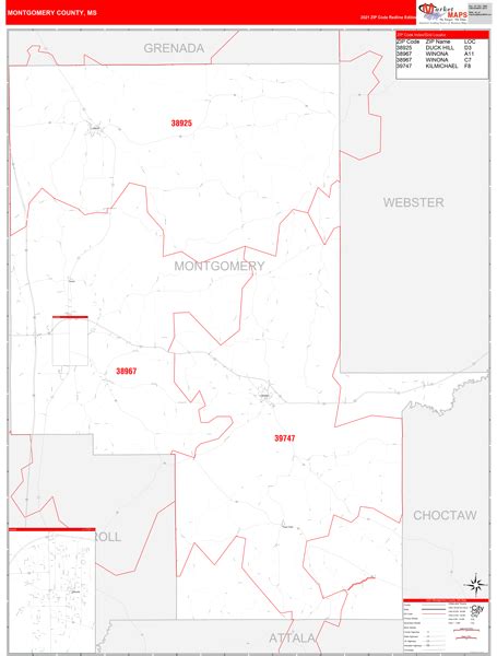 Montgomery County Ms Zip Code Wall Map Red Line Style By Marketmaps