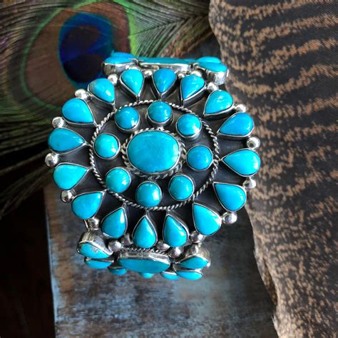 Beautiful Vintage Navajo Cluster Turquoise Sterling Cuff