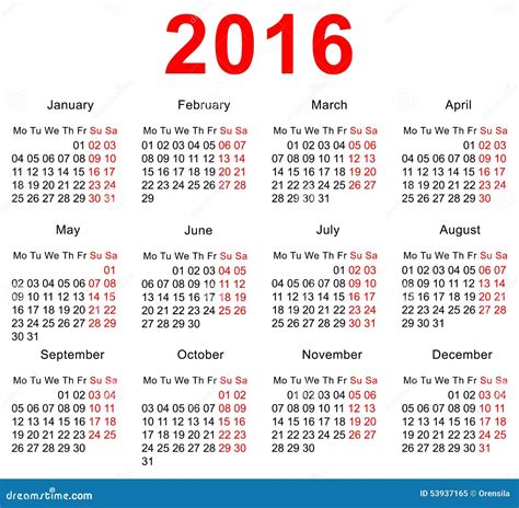 Plantilla De 2016 Calendarios Semanas Horizontales Primer Día Lunes