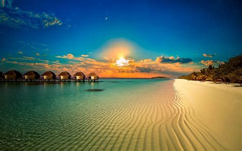 Landscape Nature Beach Resort Palm Trees Sunset Clouds Tropical Sea Sand Island Calm